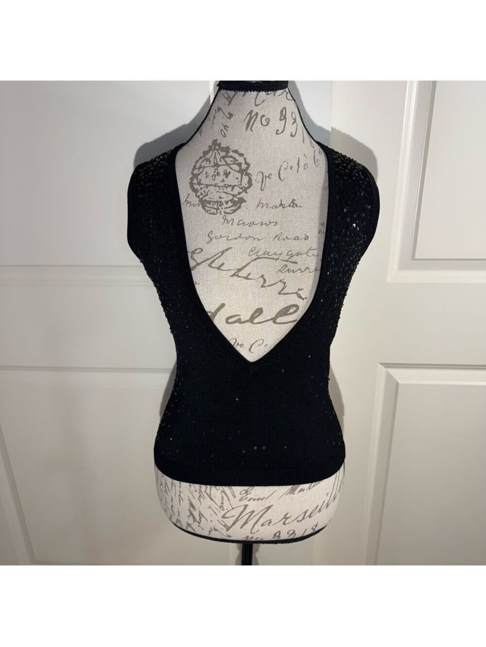 Alberto Makali Elegant Black Sequin/Bead Plunging Neck Sleeveless Top/Vest Large